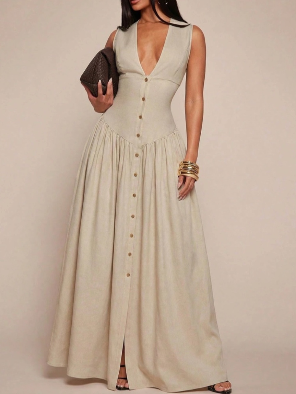 V-Neck Sleeveless Waist-Cinched Button-Front Shirtdress